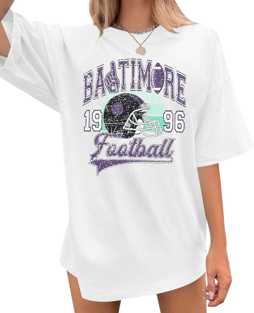 Football Shirts for Women Vintage Team Fan Tshirt Game Day Shirt Oversized Football Season Short Sleeve Tops (XX-Large, White)