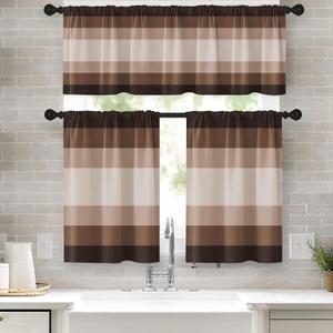 Brown Kitchen Window Curtains Valance and Tier Set 36 Inch, Striped Brown Beige Neutral Minimalist 3 Piece Set Short Curtains, Window Treatment Tiers for Living Room Bedroom
