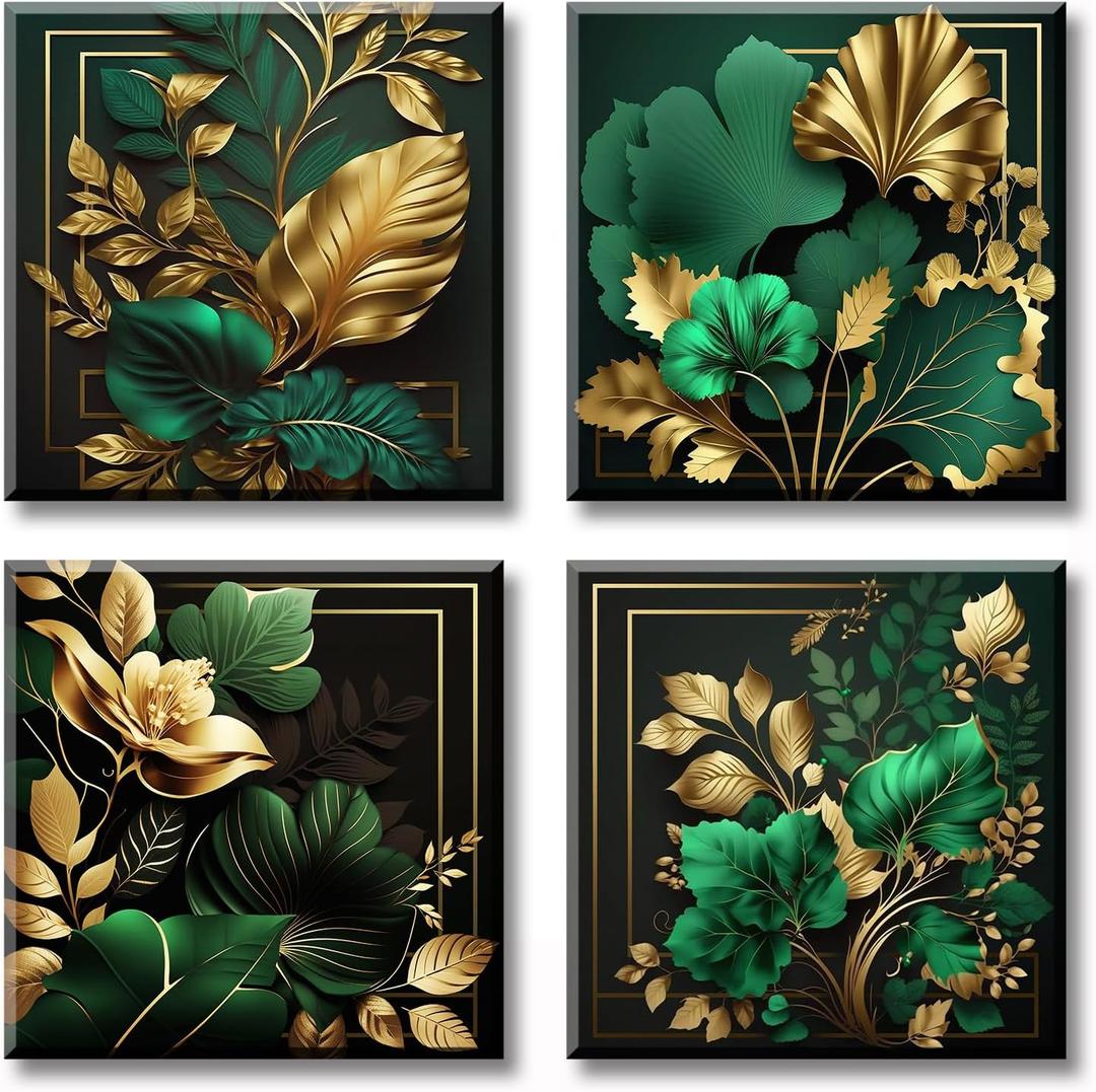 Green and Gold Wall Decor Tropical Plant Gold Leaves Pictures Canvas Prints Emerald Green Mid Century Modern Botanical floral Aesthetic Artwork for Living Room Bedroom Home Decorations 12"12"4