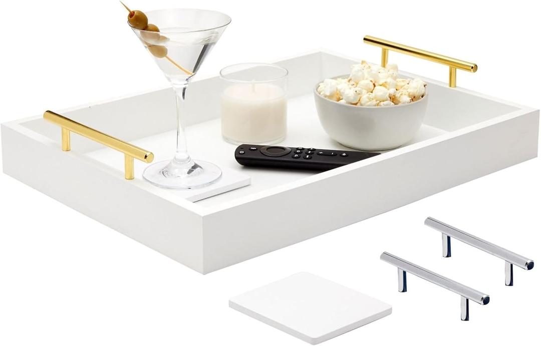 Juvale Ottoman Tray with Coasters & Interchangeable Gold & Silver Handles - 15.7" x 11.8" x 3.1" - White Rustic Wood Rectangular - Coffee Table Tray for Serving & Decorative Accents
