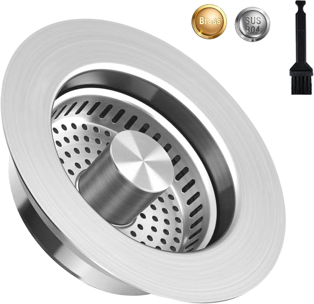 Kitchen Sink Drain Strainer & Pop-up Sink Stopper, 3-in-1 Upgraded Universal Sink Strainer with Anti-Clogging Basket, Stainless Steel Filter, Cleaning Brush for US Standard 3-1/2 Inch Drain (Silver)