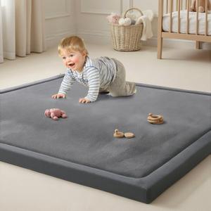 Goyuu Ultra Soft 1.3" Thick Baby Play Mat for Floor, 79x118 Playpen Mat Elasti-Foam Padded Crawling Mat for Babies, Toddlers, Infant, Kids, Non-Slip Backing Safe for Tummy Time, Grey