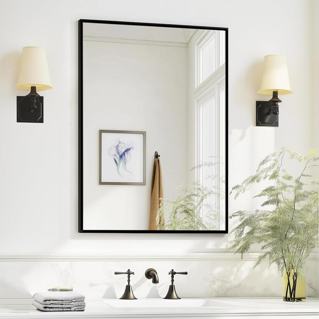 Sunniry Black Bathroom Mirror, 18x24 inch Vanity Mirror, Metal Matte Frame