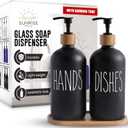 16 OZ Thick Black Glass Soap Dispenser, Bamboo Pump with Tray 2 Pack, Hand and Dish Soap Dispenser Set for Bathroom with 6 Waterproof Labels