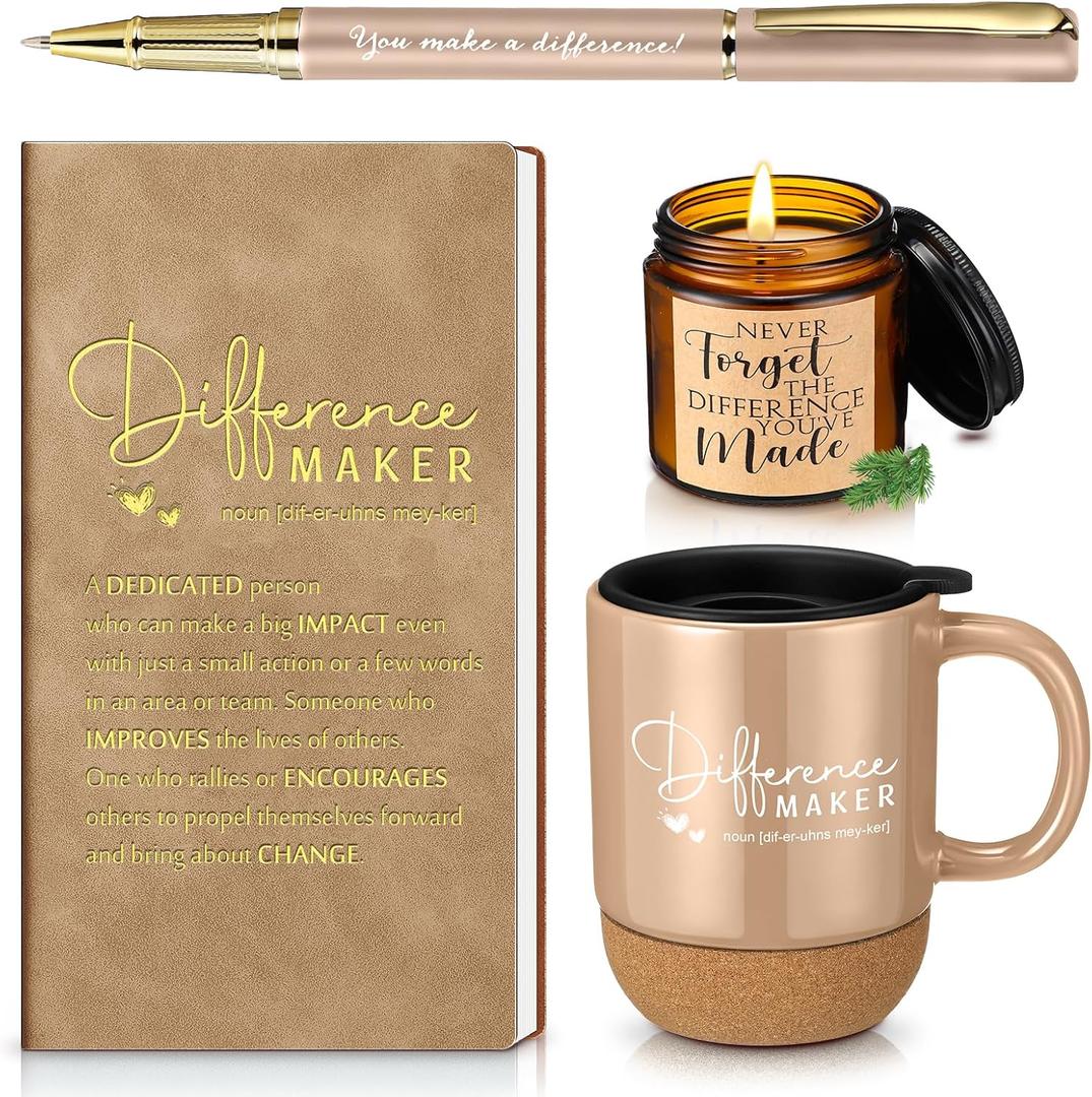 Vesici 4 Pcs Difference Maker Gift for Women Men Difference Maker Mug Notebook Candle Motivational Pen Employee Appreciation Gift for Volunteer Paraprofessional Coworker Secretary(Brown,Word)