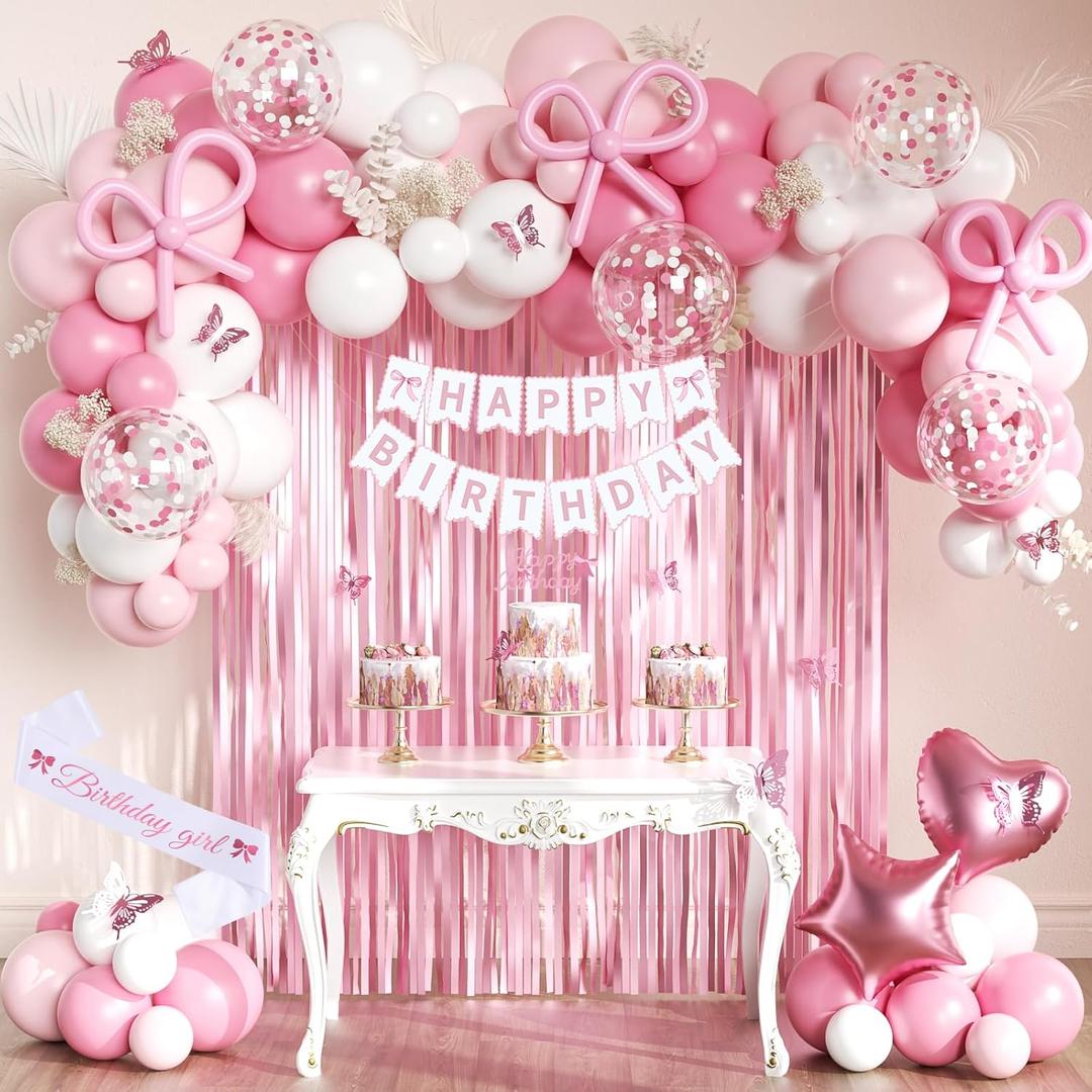 Pink Bow Birthday Party Decorations, Coquette Birthday Decorations with Bow Banner, Pearl White Light Metallic Pink Foil Balloons, Sash, Fringe Curtain, Cake Topper, Butterfly for Girls Princess Women