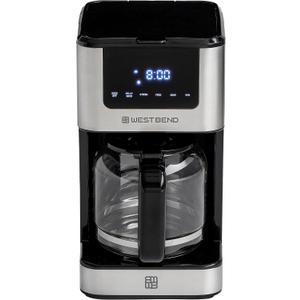 West Bend Drip Coffee Maker Brews Hot or Iced, Programmable with Brew Strength Selector Auto Shut-Off and 6 Functions Permanent Mesh Filter and Glass Carafe, 12-Cup, Metallic