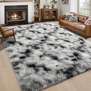 Noahas Fluffy 4x6 Area Rugs for Bedroom Living Room,Fuzzy Black and White Thick Shag Throw Floor Carpet,Soft Shaggy Bedside Non-Slip Plush Dorm Nursery Kids Rug