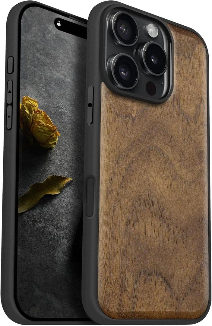 Carveit Magnetic Wooden Case for iPhone 16 Pro Case, Solid Wood & Black Soft TPU Shockproof Cover, Compatible with MagSafe Wireless Chargers (Natural Grain) Walnut