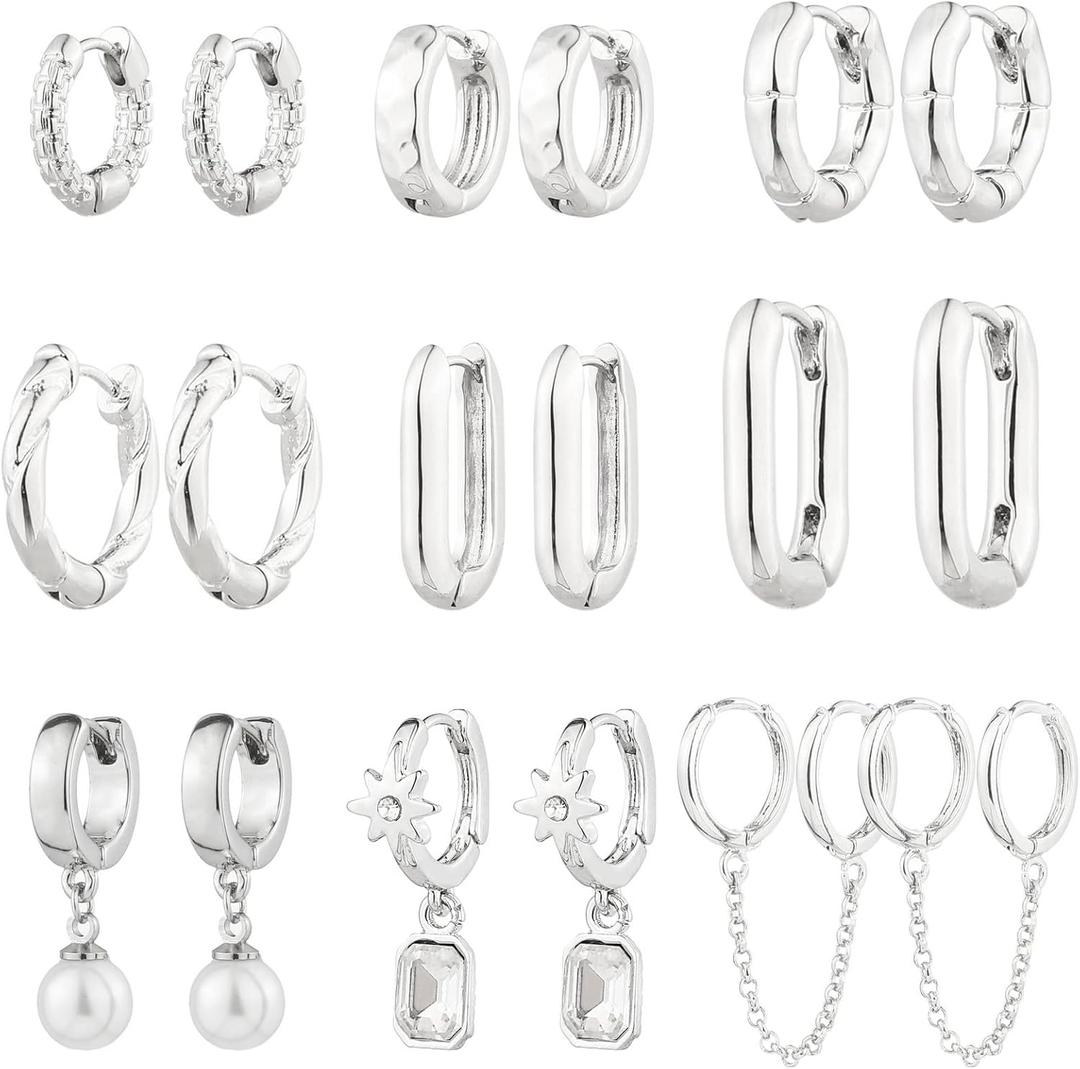 9 Pairs Gold Chunky Hoop Earrings Set for Women, 14K Gold Plated Twisted Huggie Hoop Earring Hypoallergenic, Lightweight Thick Open Hoops Earrings Jewelry Gifts.