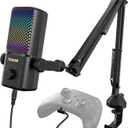 TONOR Gaming Mic Compatible with Xbox, RGB Streaming Boom Mic with 30H Battery Life, Low Noise, Monitoring, Gain Control, One Tap Mute, Fast Charging, Compatible with Capture Card TCX3+ Black