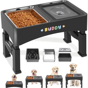 Decflow 3-in-1 Elevated Dog Bowls, 4 Height Adjustable Raised with Stainless Steel, Slow Feeder, No Spill Water Bowl, DIY Stickers Foldable Pet Bowl for Medium Large Dogs