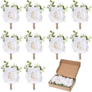 Apausvcm 10Pcs White Rose Boutonnieres for Men, Groom Groomsmen Artificial Flowers Boutonniere Pocket Boutonniere Corsages for Wedding Ceremony Anniversary Prom Formal Dinner Party