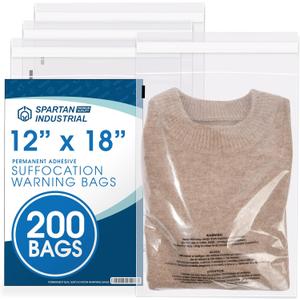 Spartan Industrial - 12 X 18 (200 Count) Self Seal Clear Poly Bags with Suffocation Warning for Packaging, Clothes - Permanent Adhesive