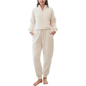 Hooever Womens Fluffy Pajamas Set Fleece Pullover Warm Sleepwear 2 Piece Lounge Sets with Pockets, Medium, Ivory 