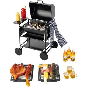 Mini House Miniature Square Barbecue Grill Oven Figurine Garden Cooking Tool Kitchen Accessories Decoration Fake Barbecue Food Realistic Drink Beer Models for 1/12,1/6 Miniature DIY Decoration