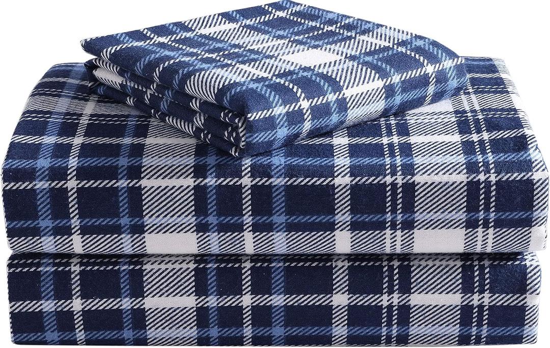 Highline Bedding Co. Flannel Sheet Set Full Size- 100% Turkish Cotton, Double-Brushed, Ultra-Soft, Plush, Cozy 4-Piece Set (Classic Plaid, Navy)