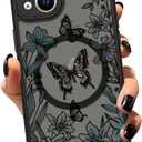 ZIYE for iPhone 14 Plus, Magnetic Matte Phone Case [Compatible with MagSafe] [Butterfly Lily Pattern Design] Black Bumper Hard Back Shockproof Cover for Women Girls (iPhone 14Plus) - Butterfly