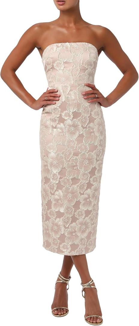 Lulus Isla Strapless Midi Dress for Women Floral Jacquard Strapless Elegant Column Fit Evening Party Cocktail Midi Dress, Size Small