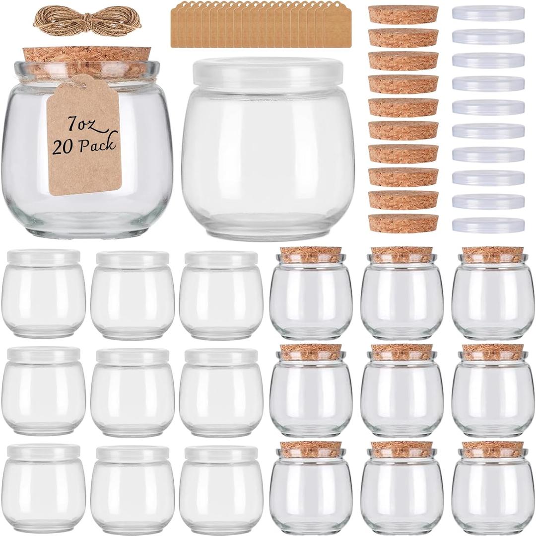 20 Pack 7 oz Glass Yogurt Jars with Cork Lids and PE Lids, Glass Pudding Jars Candles Jars, Small Containers for Wedding Favors, Milk, Jam, Honey, Cake, Spices and DIY Gift