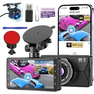 Dash Cam Front and Rear, Dash Cam 4K WiFi/APP Control Dashcam W/ 64GB Card Dash Camera for Cars DVR Car Security Cameras W/Loop Recording GSensor TimeLapse Parking Mode Car Dashcam USB Powered