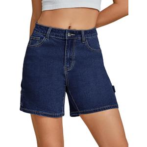 Luvamia Jean Shorts for Women High Waisted Trendy Casual Utility Stretchy Denim Jorts Cutoff Long Shorts with Pockets (Blue, L)