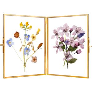 REDHUGO Glass Pressed Flower Frame Handmade, Hinged Double Press Flower Frame, Tabletop Brass Photo Frames, Rectangle Dried Flowers Display Folding Frames for Home, Gold,57 Inches