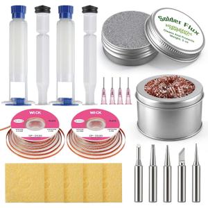 Soldering Tip Cleaning Kit Include Flux Paste, Tip Tinner, Solder Wick, Iron Tips, Soldering Iron Tips Cleaner and Cleaning Sponge for Electronics Repair