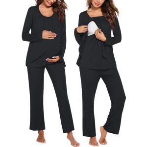 Ekouaer Maternity Nursing Pajama Set Long Sleeve Top & Pants with Pockets Breastfeeding Sleepwear Double Layer Pregnancy (Large)