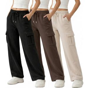Common Stitch 3 Pack Wide Leg Cargo Fleece Sweatpants for Women 4 Pockets, Relaxed Fit, Elastic Drawstring Waist, Small