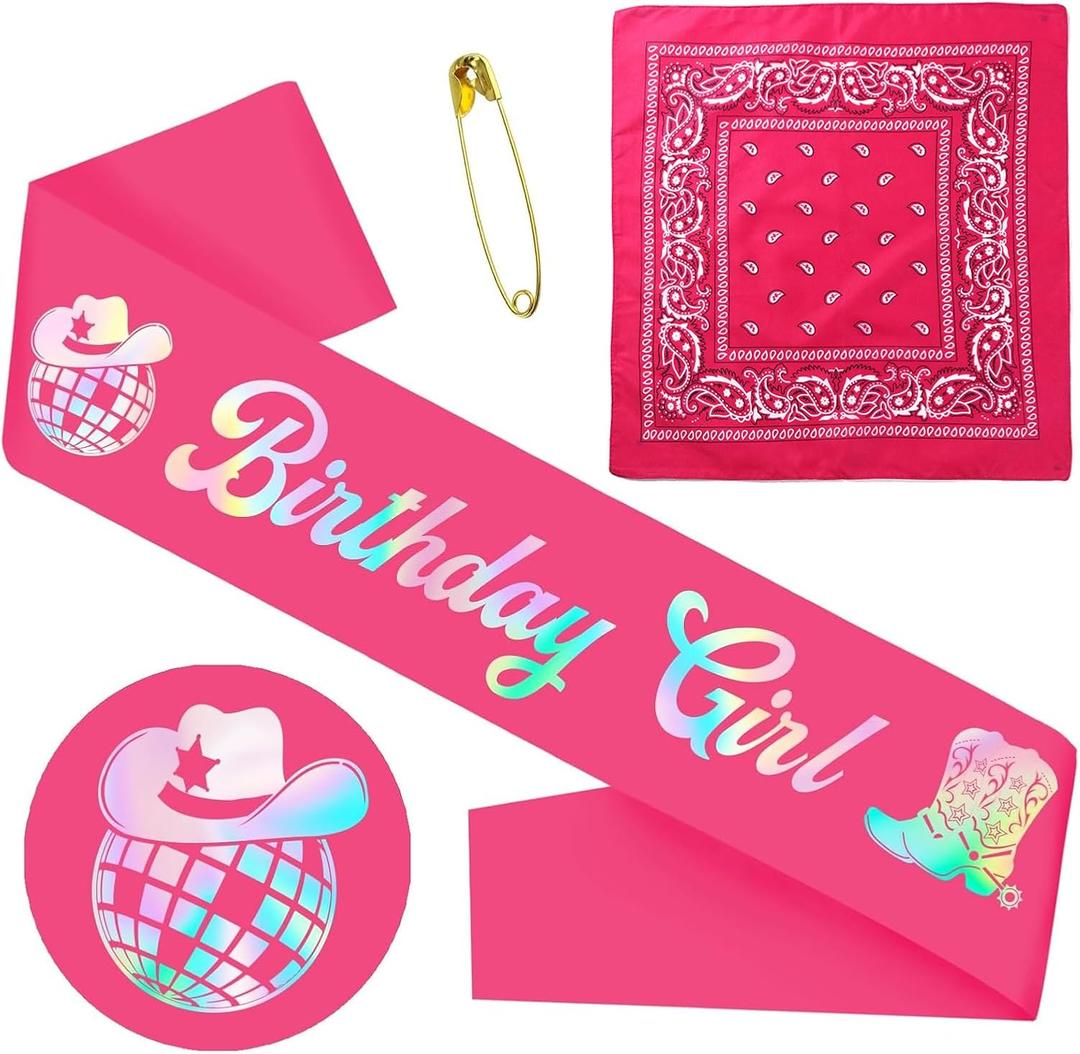 Birthday Girl Sash Set Cowgirl Party Decorations Cowboy Bandana Sash with Pin Cute Pink for Women Girls Birthday Party