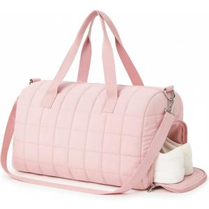 Pink Dance Bag Gifts for Young Girls Quilted Duffel Weekender Dance Gym Travel Bag with Shoe Compartment Puffer Tote Quilted Hospital Labor Storage Tote for Women