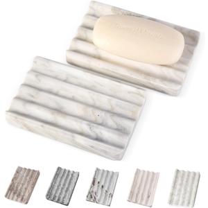 2PCS Koville Italian Natural Marble Soap Dish for Shower, Multi-Color Stone Soap Tray for Bathroom, Bar Soap Holder for Sink, Stripe Grooves Soap Saver Sponge Holder (White/Brown Random) (Palissandro Classico White)