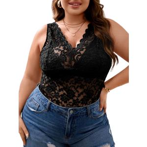 SOLY HUX Women's Plus Size Floral Lace Sheer V Neck Scalloped Trim Sleeveless Tank Tops (4X-Large Plus, Black)