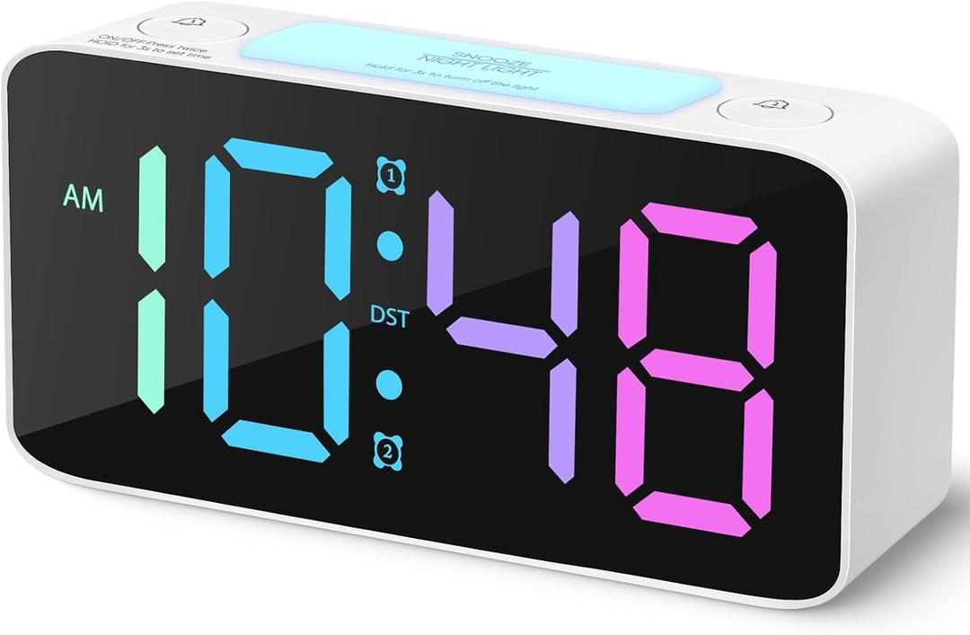 Cadmos Super Loud Alarm Clock for Heavy Sleepers Adults, Digital Clock with 7 Color NightLight, Adjustable Volume, USB Charger, Small Clocks for Bedrooms, Ok to Wake Up for Kids, Teens (White+RGB)