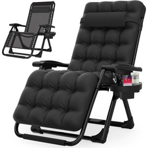Suteck Zero Gravity Chair, Reclining Camping Lounge Chair w/Removable Cushion, Upgraded Lock and Cup Holder, Reclining Patio Chairs Folding Recliner for Indoor and Outdoor (Black)