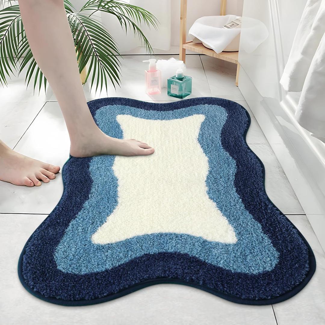 HAOCOO Blue Bathroom Rug, 20x31 inch, Extra Soft Non Slip Microfiber Absorbent Washable Shower Rug Doormat Carpet for Floor Tub Shower