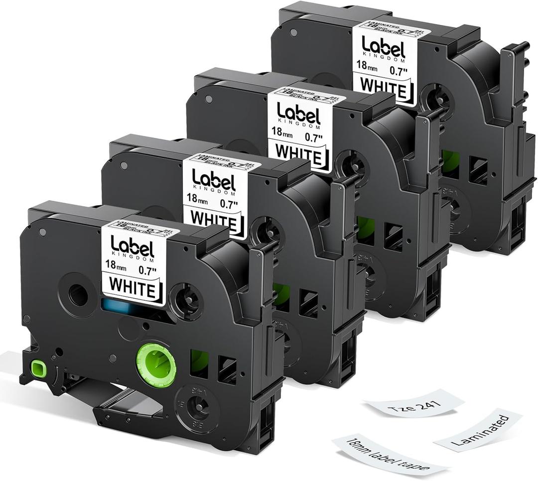 18mm 0.7 Label Maker Tape Compatible with Brother P Touch TZe-241 Laminated White TZ Tape for PT-D410 D400 D600 P700 Printer, 4-Pack Label KINGDOM TZ-241 (3/4in x 26.2ft) (Black on White)
