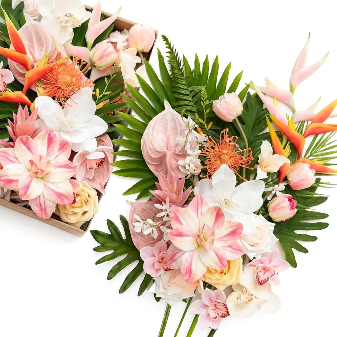 Ling's moment Fake Flowers Box, Faux Artificial Greenery Stems Foam Roses Anthuriums Silk Orchid Palm Leaf Fabic Flower for Centerpieces Bouquet Wedding Floral Vase, Sorbet Tropical, Deluxe Combo