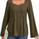 Umenlele Women's Pleated Front Sweetheart Neck Long Sleeve Casual Loose Tunic Tops Blouse Pink Large (L)