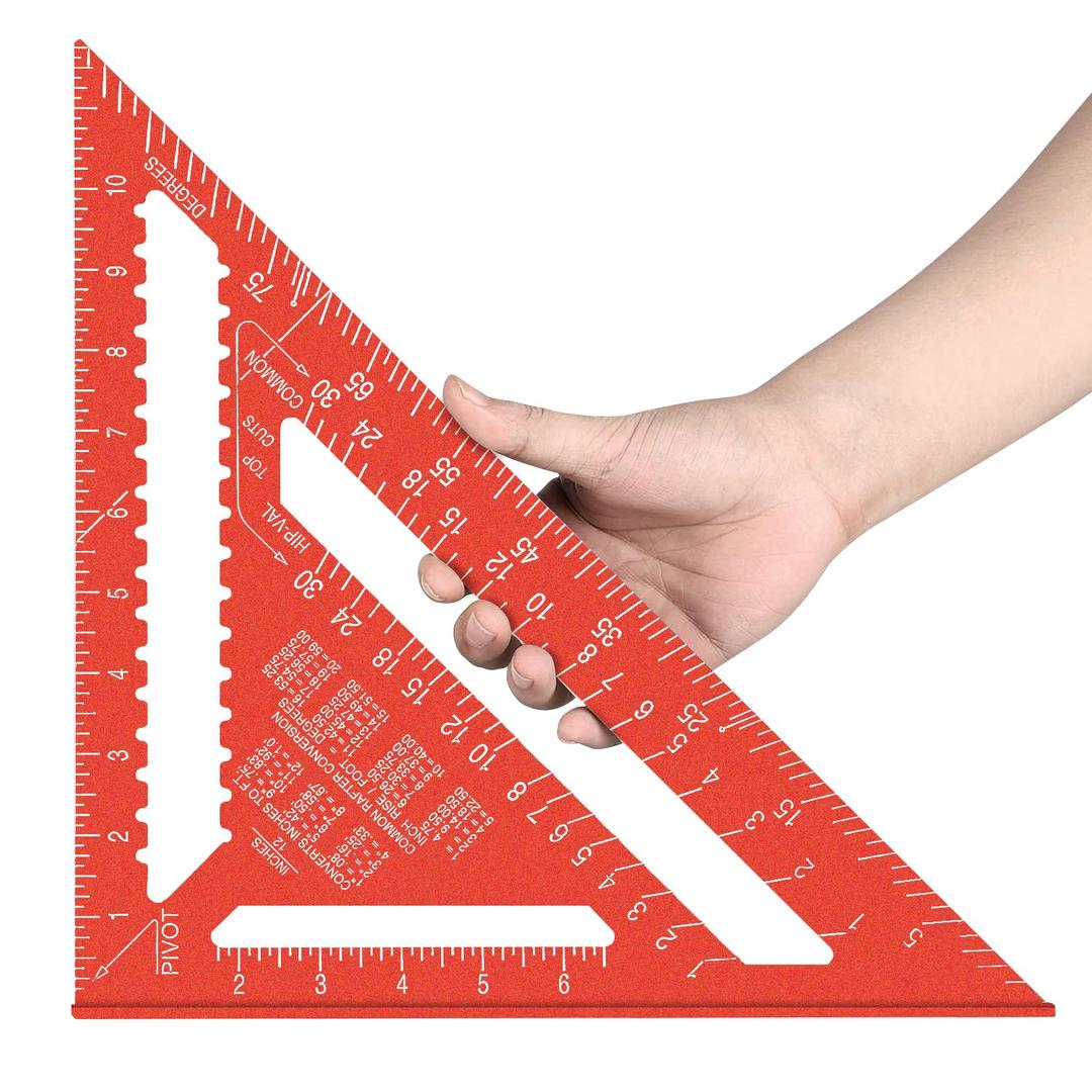 Beslands Aluminum 12-inch Rafter Square Carpenter Measuring Layout Tool Alloy Metal Triangle Ruler Imperial Protractor for Woodworking and Carpentry Red