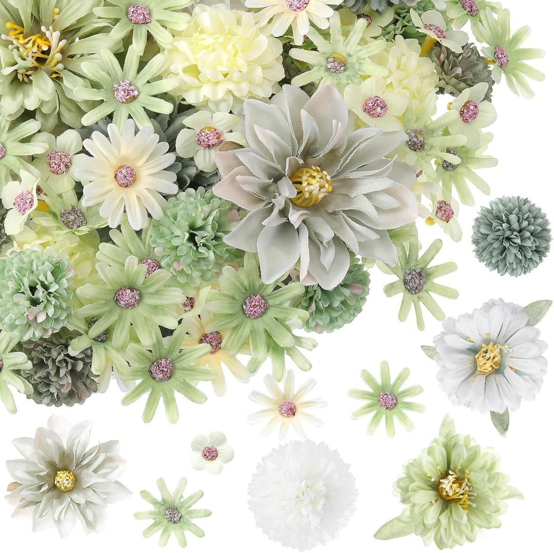Cindeer 200 Pcs Fake Flower Heads for Crafts Mini Silk Flower Heads Faux Rose Artificial Daisy Blossom Heads Decorative Flowers for Home Bride Bridesmaid Wedding Centerpieces, 2-7 cm (Green)