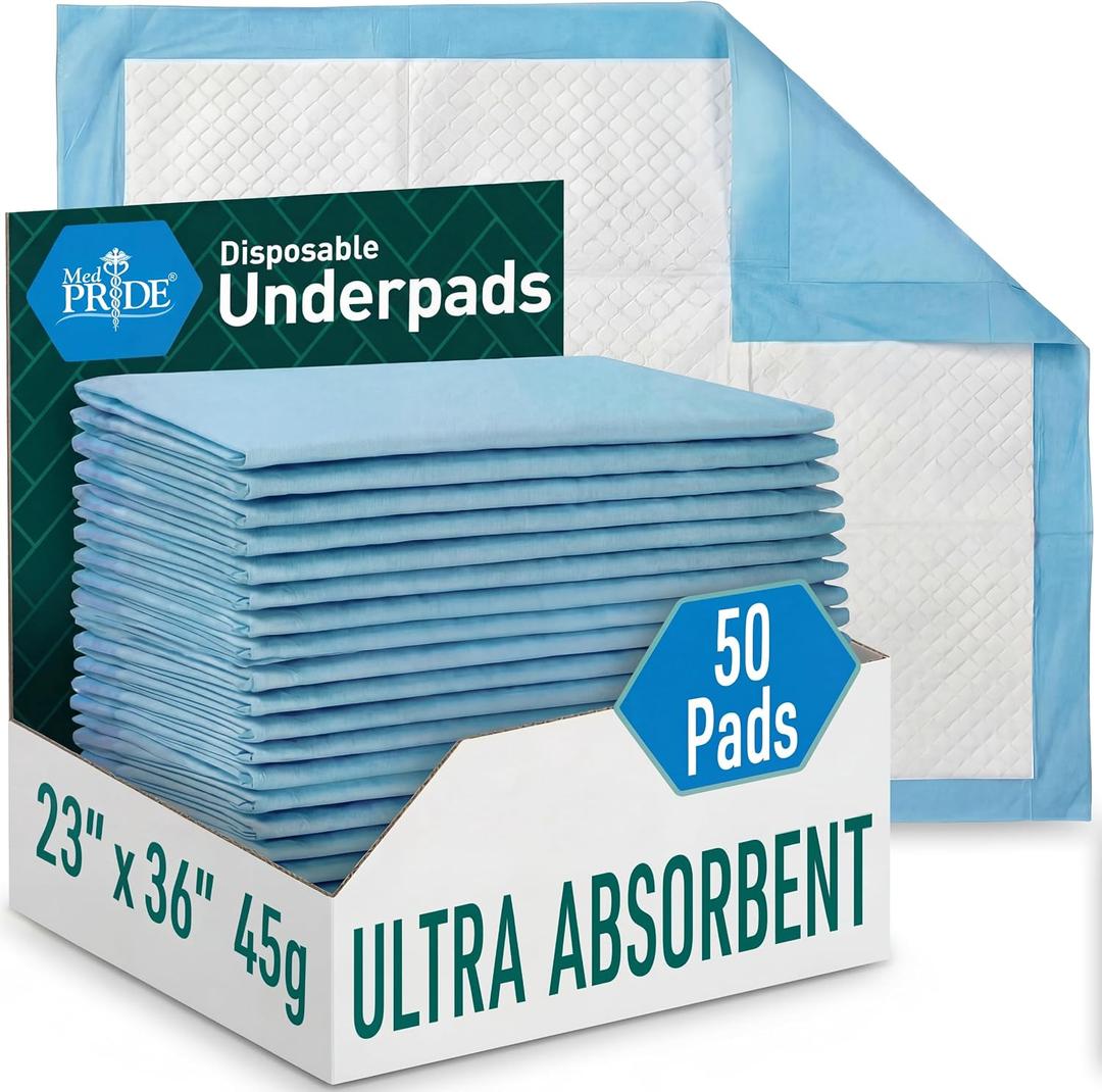 MED PRIDE Disposable Chux Pads 23in X 36in, Super Absorbent Bed Pads for Incontinence, Underpads for Adults, Kids, Pets (50 Count (Pack of 1) Blue/White)