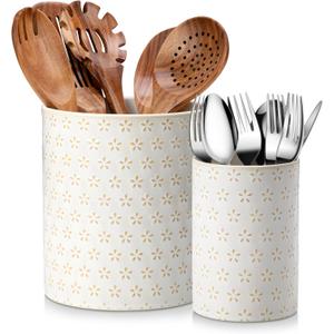 MALACASA LYDIA Ceramic Utensil Holders, 7.3"+5.5" Kitchen Utensil Crock Set for Countertop, Large & Small Utensil Organizers for Cooking Tools, Five-Leaf Grass Pattern