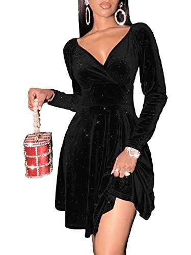 Sexyasasii Velvet Dress Long Sleeve Wrap V Neck Glitter Sparkle Mini Skater Dress Cocktail Party Elegant Dresses for Women Wedding Guest (Black, L)