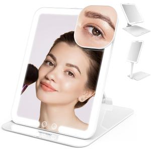 Mocado Travel Makeup Mirror with Light, Tripple Folding Vanity Mirror with Lights, 3 Colors Lighted Makeup Mirror, 1500mAh Rechargeable, Memory Function, Freely Adjust Height and Angle(White) (8"L x 6"W)