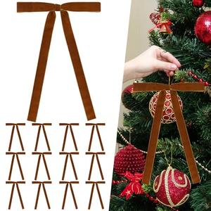 12 Pcs Khaki Velvet Bows for Christmas Tree 1 Inch, Vintage Christmas Tree Bows Ornaments for Wreaths Garland Holiday Home Outdoor Indoor Xmas Decorations 9 X 13 Inch (Khaki, 1 Inch)