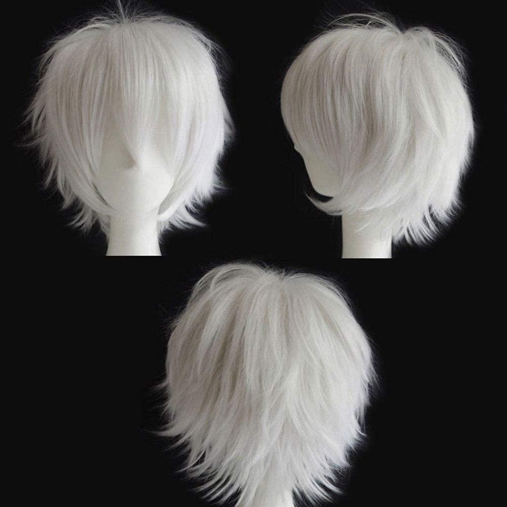 S-noilite Short Unisex Anime Wig - Fluffy Hair, Japanese Comic Hairstyles With Layered Bang for Halloween Cosplay Party Costume - Full Synthetic (White)