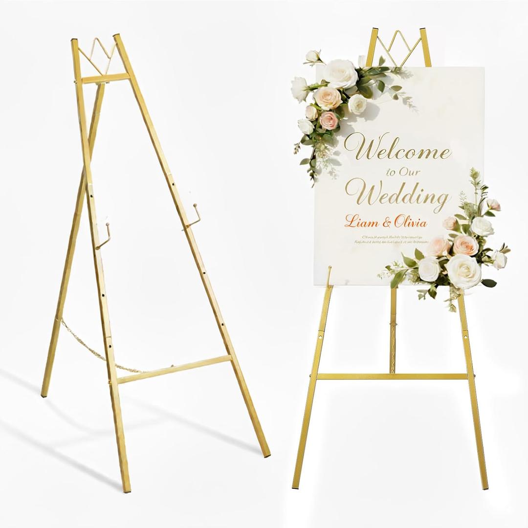 GRENTY 57.5" Gold Easel Stand for Wedding Sign  4 Adjustable Height Levels, Assembly Required, Heavy Duty Metal Display Stand for Art, Welcome Signs, Posters, Pictures, Paintings, and Floor Dcor