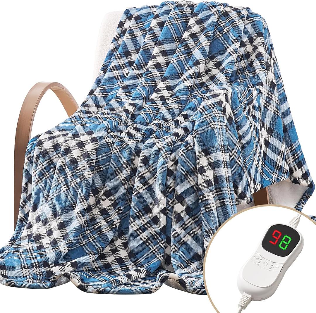 Homemate Electric Blanket Heated Throw - 50x60 Ultra Soft Cozy Flannel Heating Blanket with 10 Fast Heat Levels 8 Hours Auto Off Over-Heated Protection ETL Certification Keep Warm in Home Office (Rhombus Cyan)